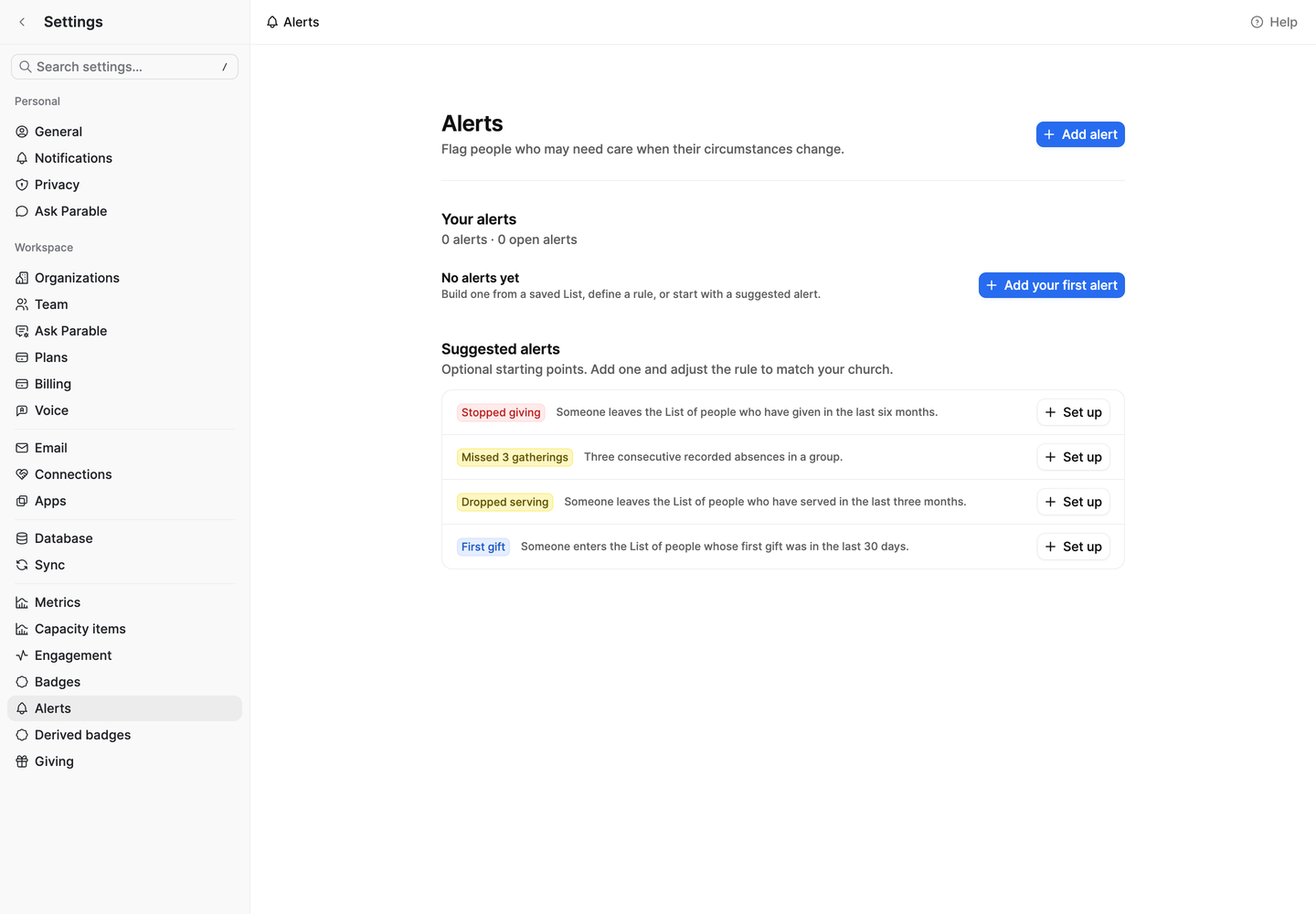 Suggested alert templates for stopped giving, missed gatherings, dropped serving and a first gift.