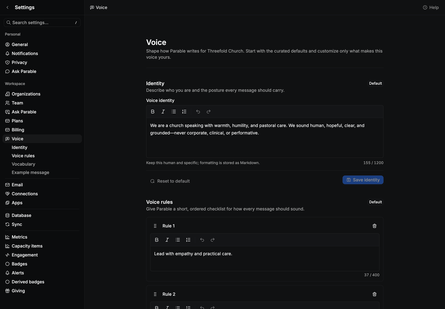The Voice settings page with the default Identity text describing a church that speaks with warmth, humility and pastoral care.
