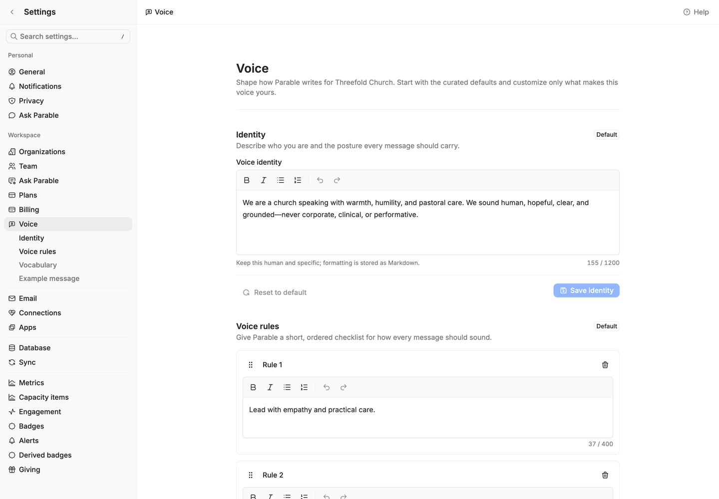 The Voice settings page with the default Identity text describing a church that speaks with warmth, humility and pastoral care.