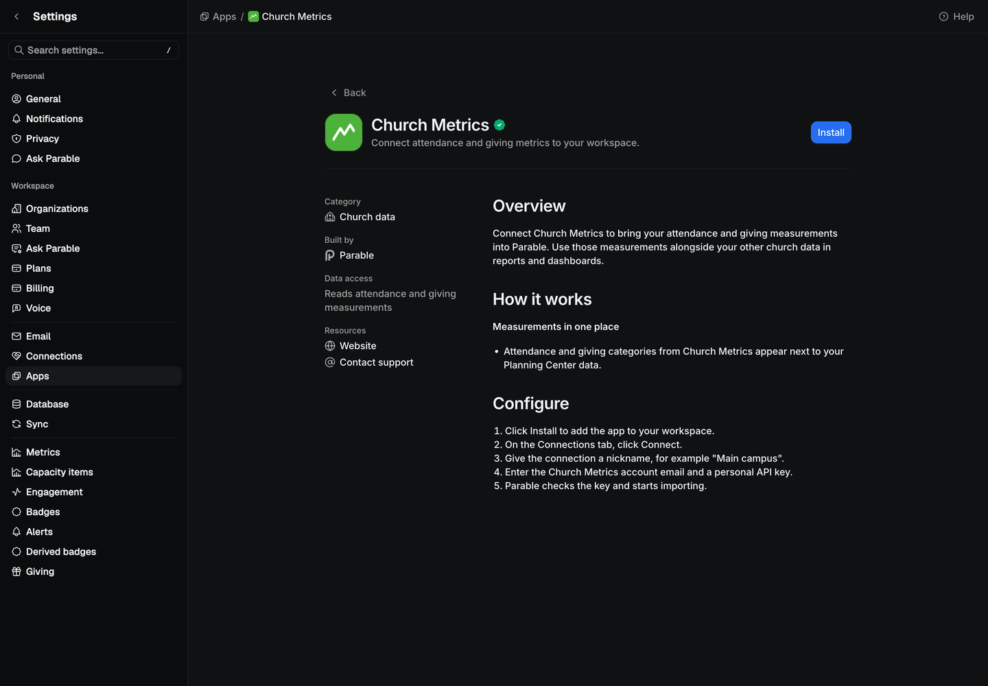 The Church Metrics app page with an Install button, an overview, how it works and the steps to connect an account.