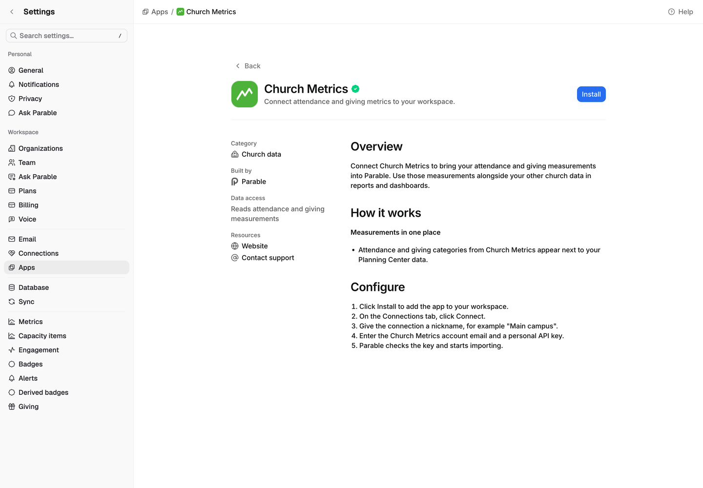 The Church Metrics app page with an Install button, an overview, how it works and the steps to connect an account.