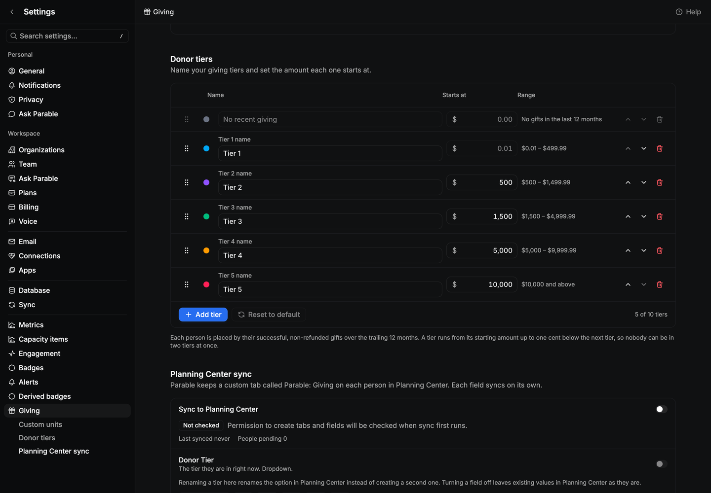 Donor tiers settings listing No recent giving and Tiers 1 through 5, each with a starting amount and the giving range it covers.