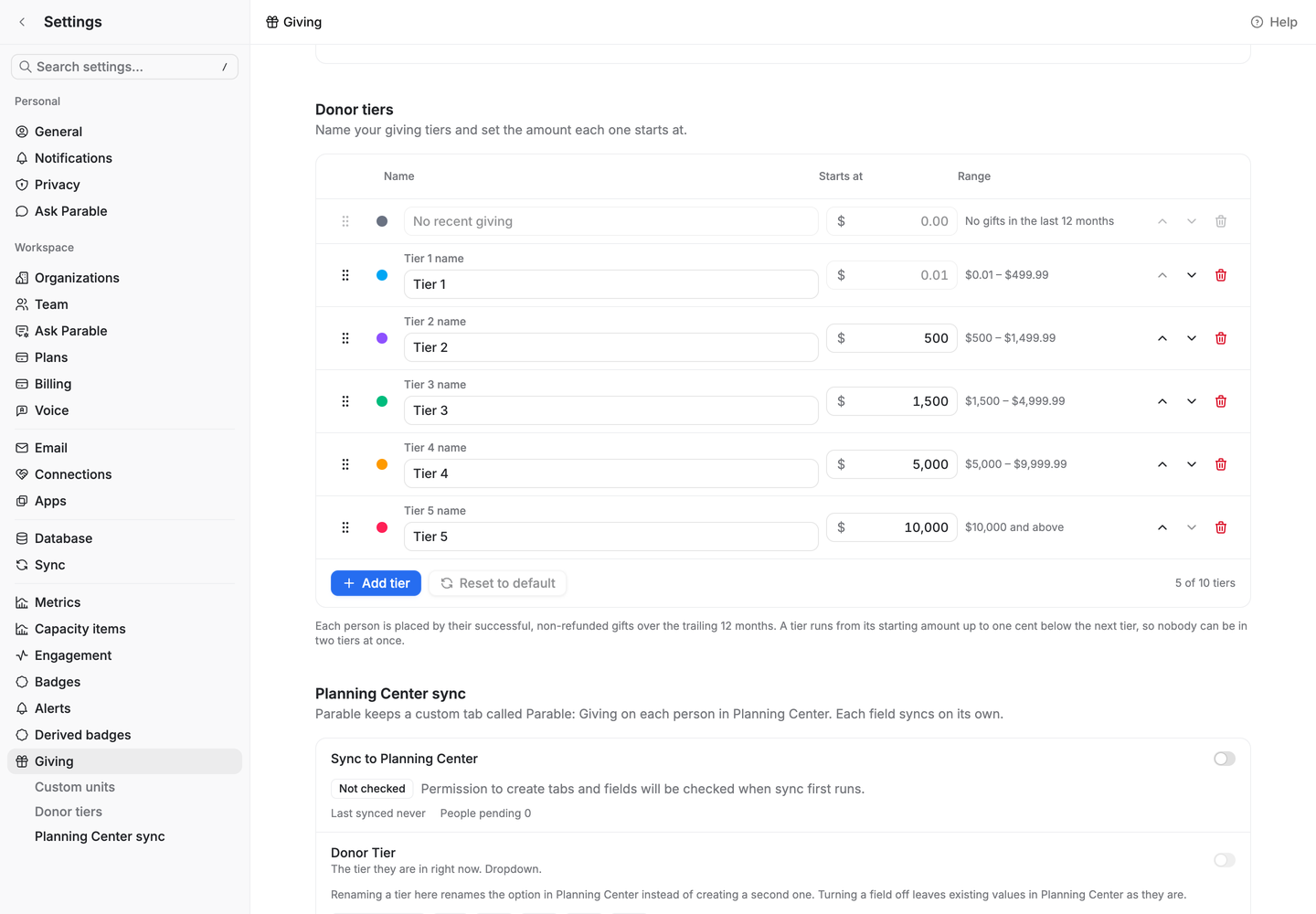 Donor tiers settings listing No recent giving and Tiers 1 through 5, each with a starting amount and the giving range it covers.