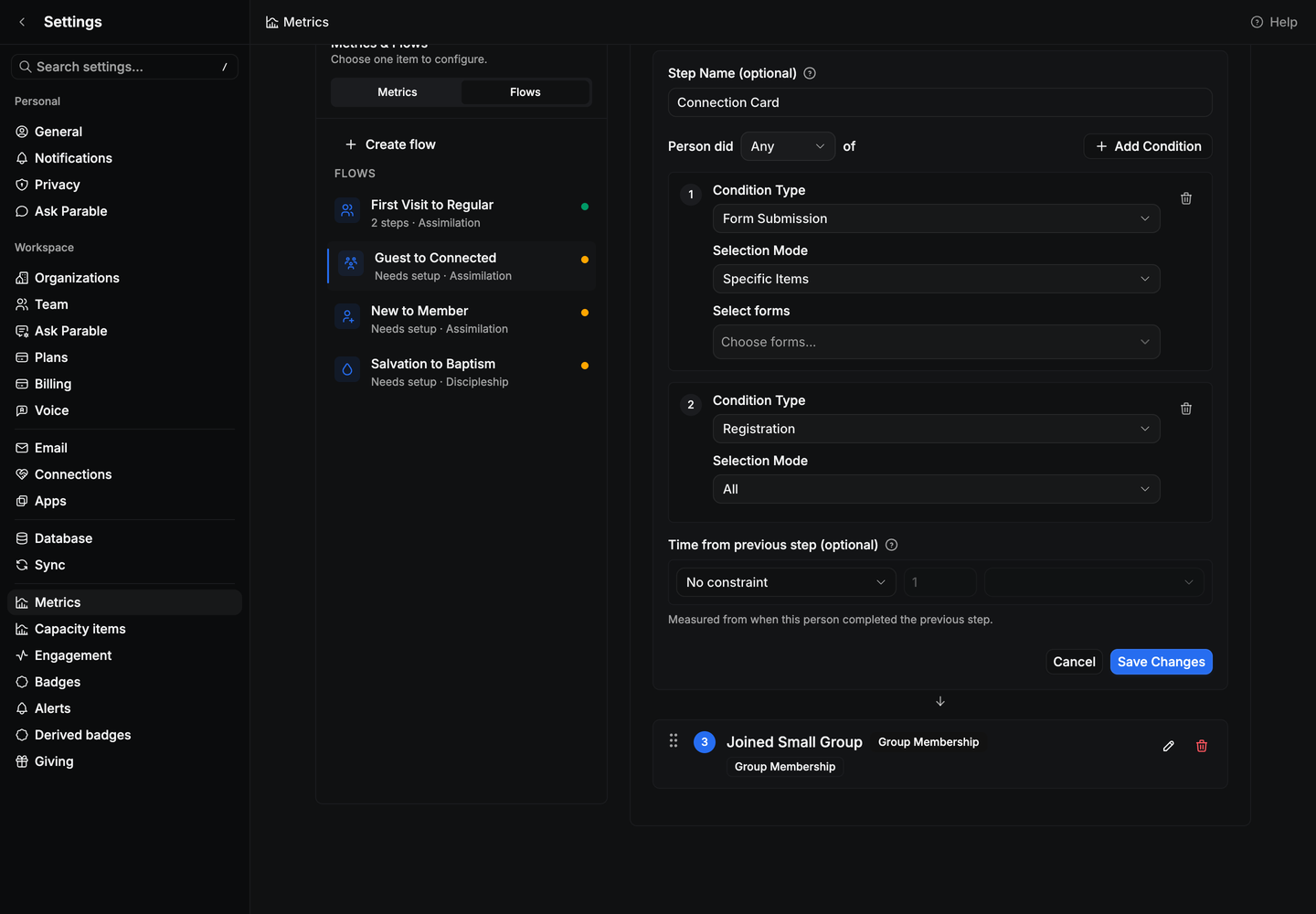 A flow step editor where Person did Any of two conditions, a form submission or a registration.