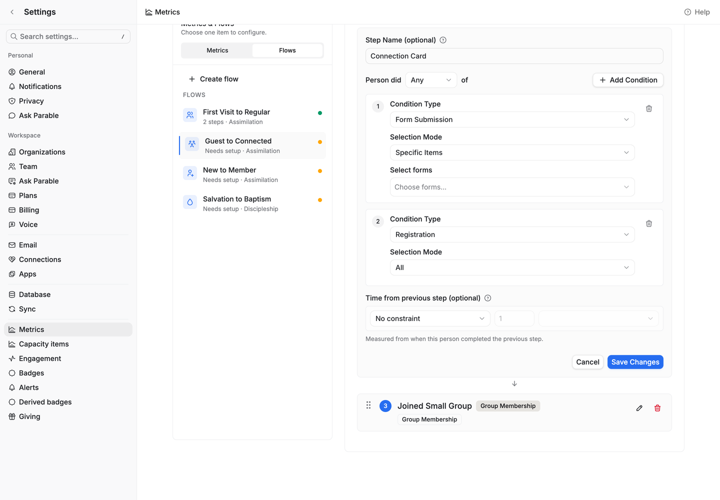 A flow step editor where Person did Any of two conditions, a form submission or a registration.