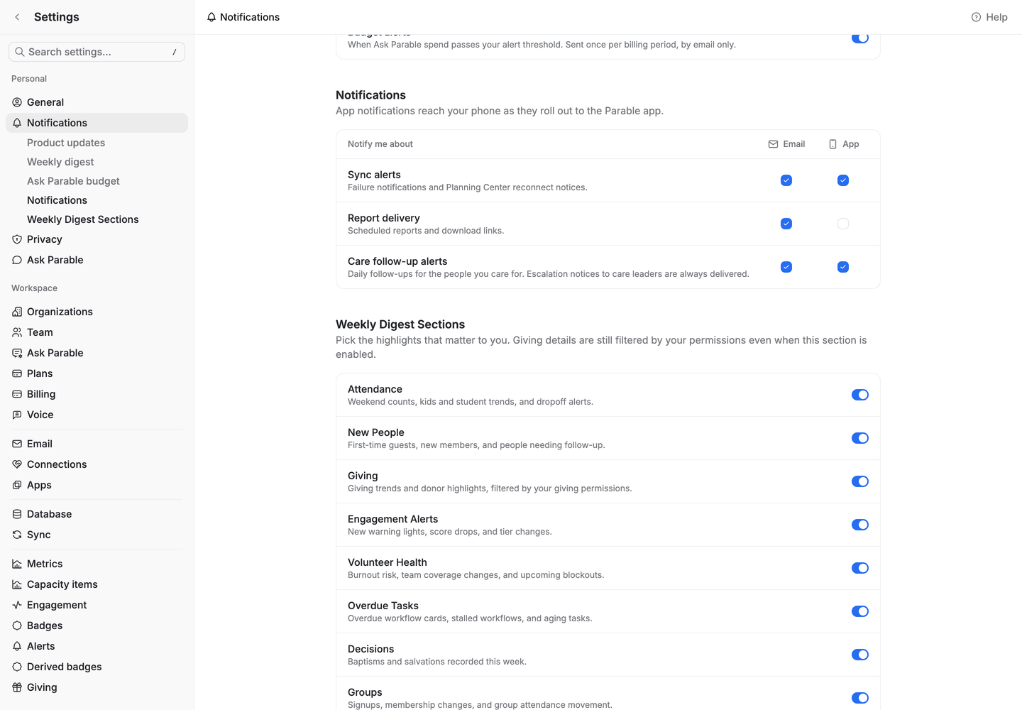 Weekly Digest Sections settings with toggles for Attendance, New People, Giving, Engagement Alerts, Volunteer Health, Overdue Tasks and Decisions.